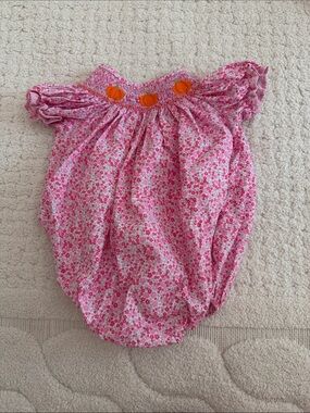 Pink Floral Smocked Floral Romper with Pumpkin Accents
